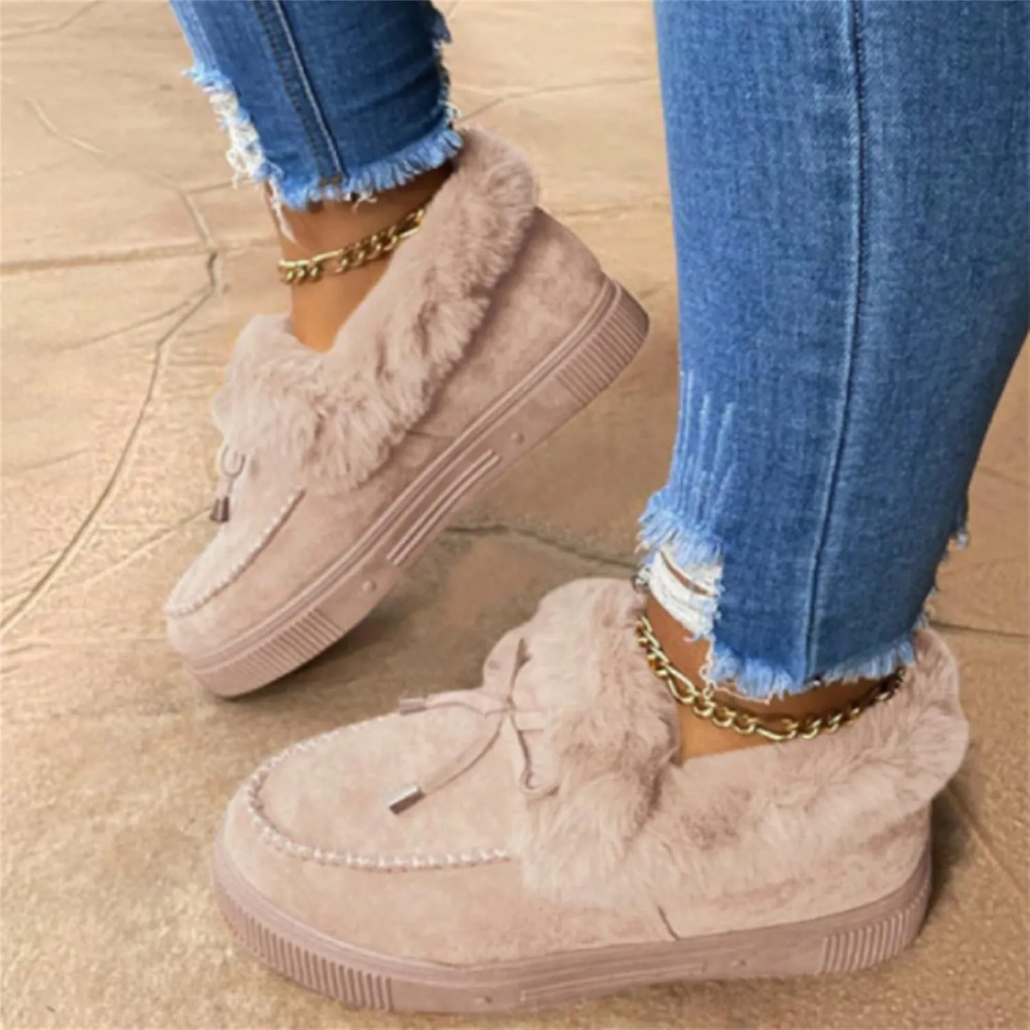 Lausiuoe Womens Winter Boots With Fur Lined Warm Snow Fuzzy Ankle Booties Flat Cute Silp On Comfortable Casual Loafers