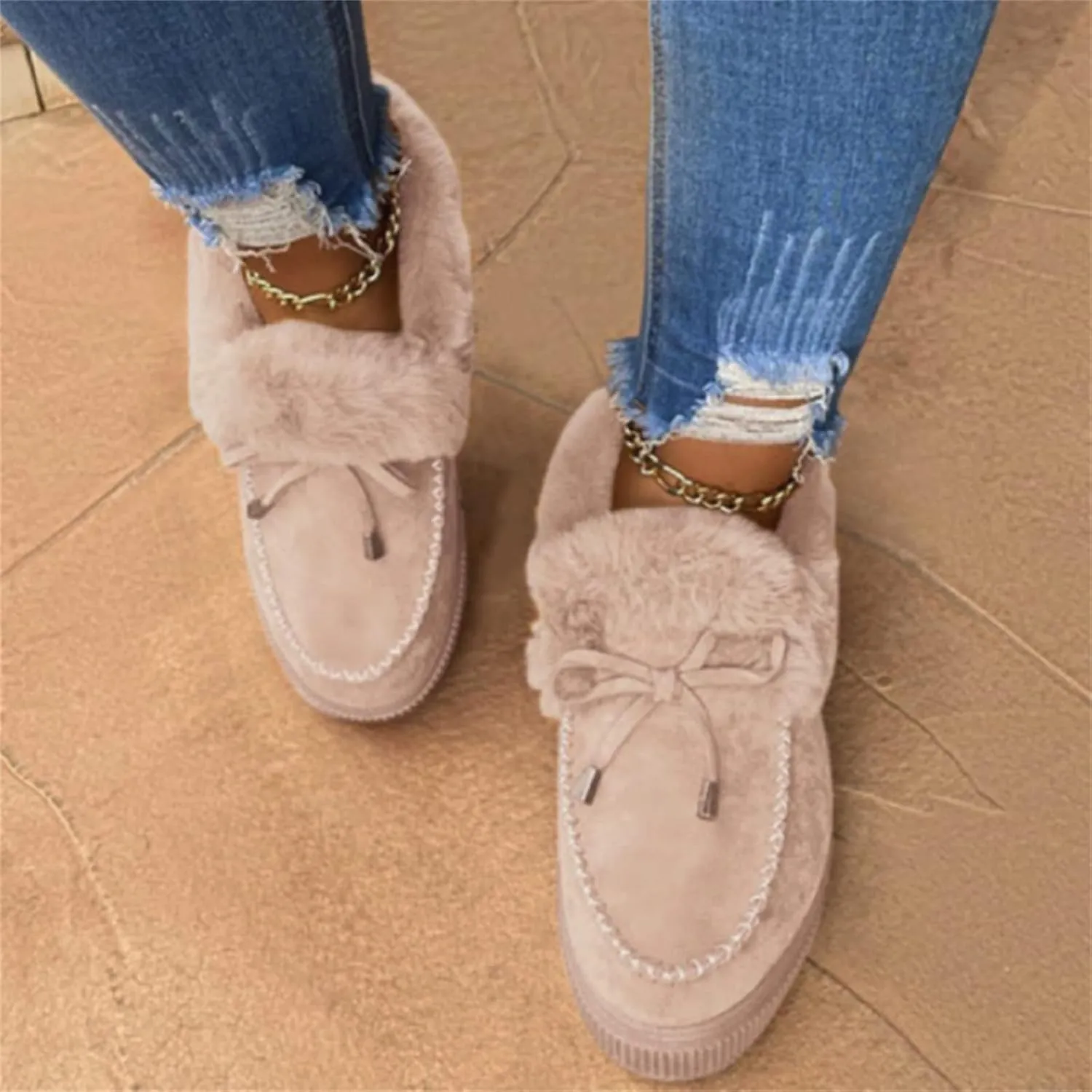 Lausiuoe Womens Winter Boots With Fur Lined Warm Snow Fuzzy Ankle Booties Flat Cute Silp On Comfortable Casual Loafers