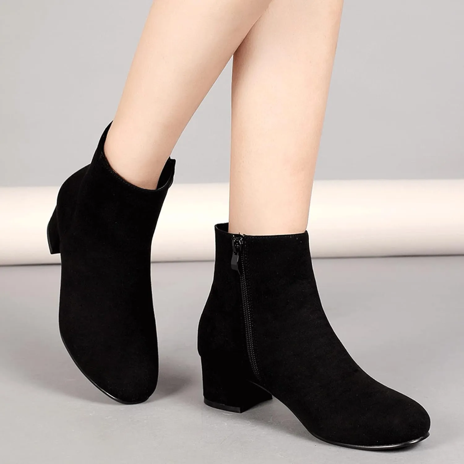 LIURUIJIA Women's Suede Ankle Boots Low Heel Leather Booties Side Zippers Round Toe Short Boots