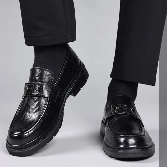 Men's Classic Formal Business Oxford Shoes Mens Fashion Slip-On Formal Loafers Mid Chunky Heels Low Top Work Dress Shoes
