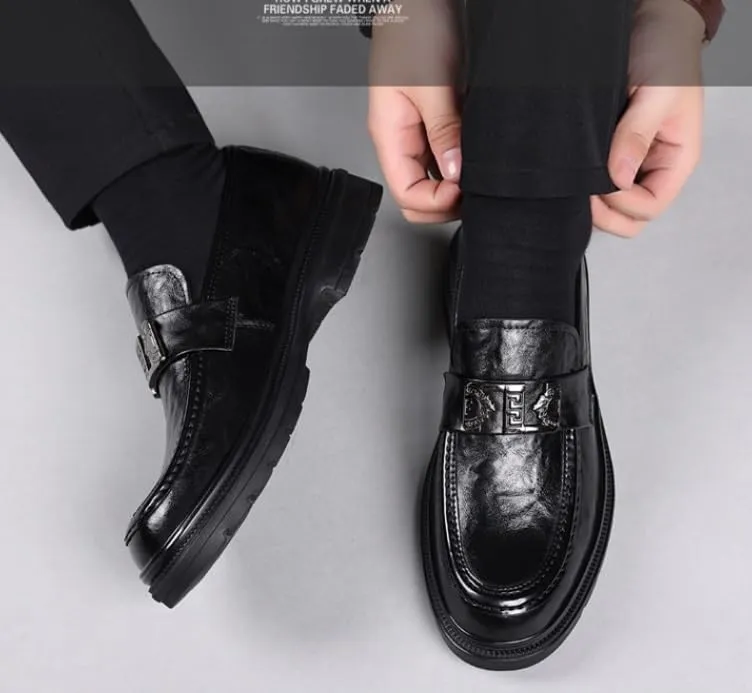 Men's Classic Formal Business Oxford Shoes Mens Fashion Slip-On Formal Loafers Mid Chunky Heels Low Top Work Dress Shoes