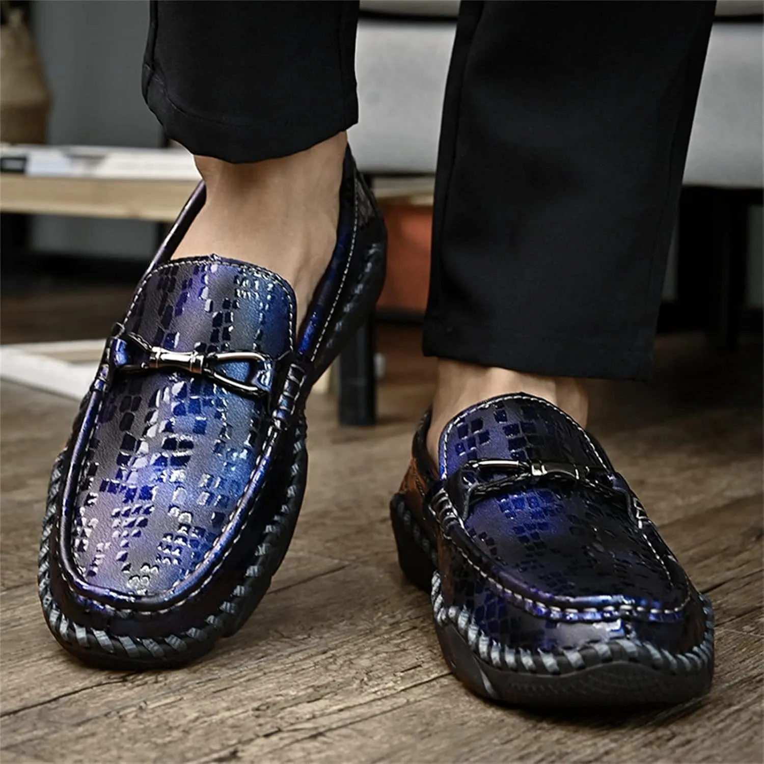 Men's Handmade Leather Gradient Color Slip-On Loafers,Classic Fashion Buckle Comfortable Soft Non-Slip Casual Dress Driving Flats Plus Size Shoes