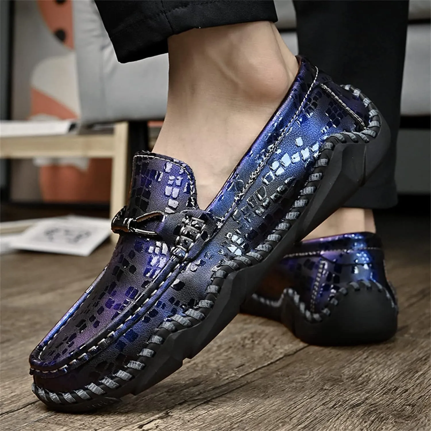 Men's Handmade Leather Gradient Color Slip-On Loafers,Classic Fashion Buckle Comfortable Soft Non-Slip Casual Dress Driving Flats Plus Size Shoes