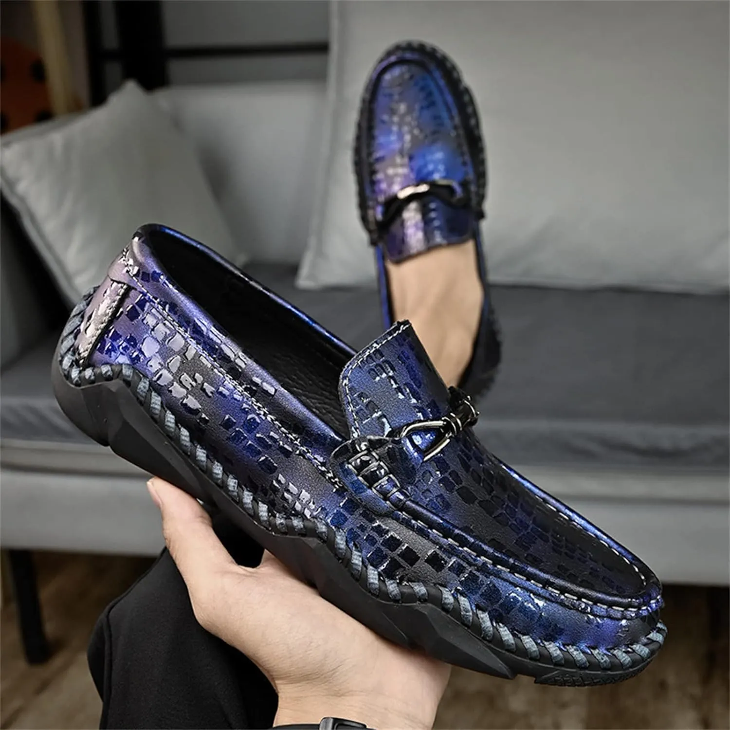 Men's Handmade Leather Gradient Color Slip-On Loafers,Classic Fashion Buckle Comfortable Soft Non-Slip Casual Dress Driving Flats Plus Size Shoes