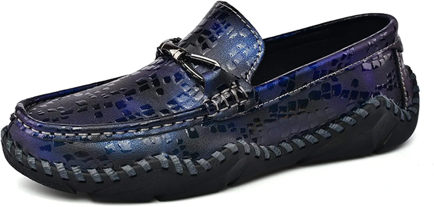 Men's Handmade Leather Gradient Color Slip-On Loafers,Classic Fashion Buckle Comfortable Soft Non-Slip Casual Dress Driving Flats Plus Size Shoes
