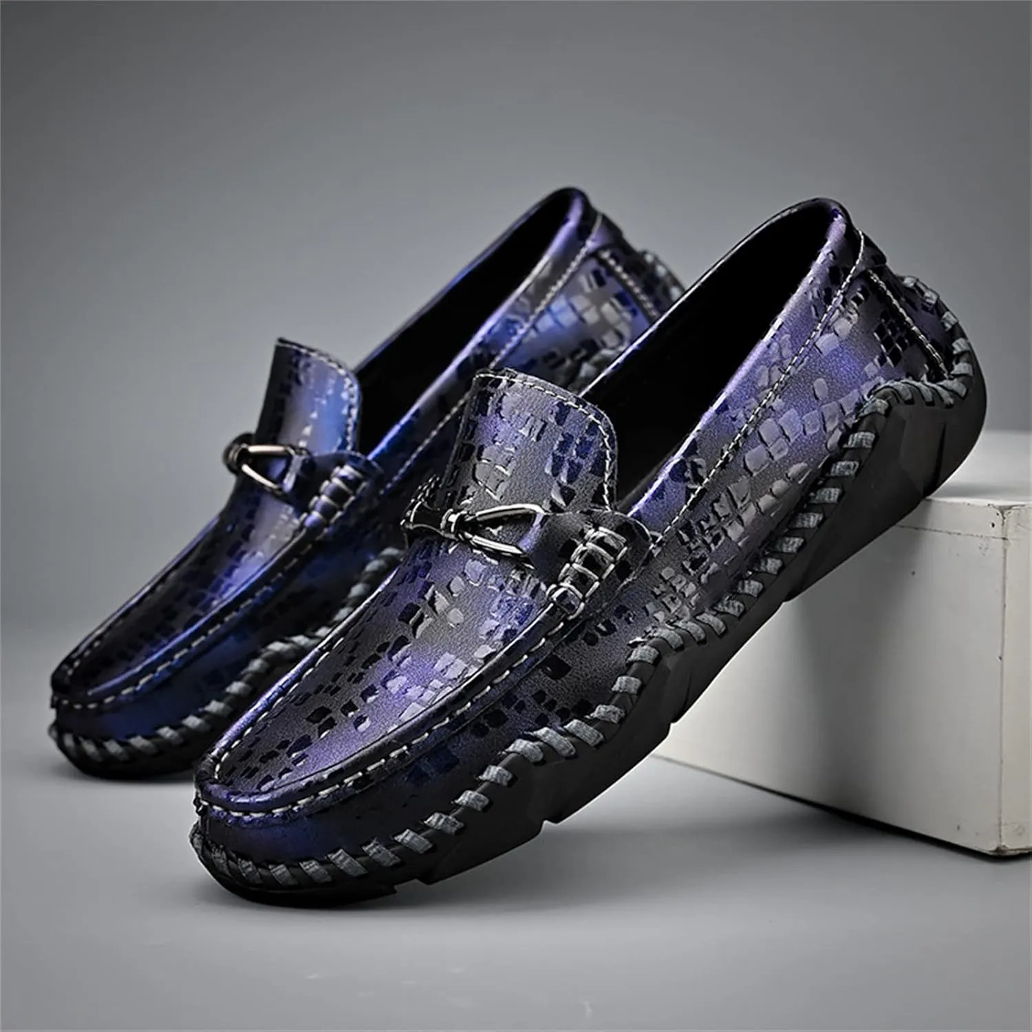 Men's Handmade Leather Gradient Color Slip-On Loafers,Classic Fashion Buckle Comfortable Soft Non-Slip Casual Dress Driving Flats Plus Size Shoes