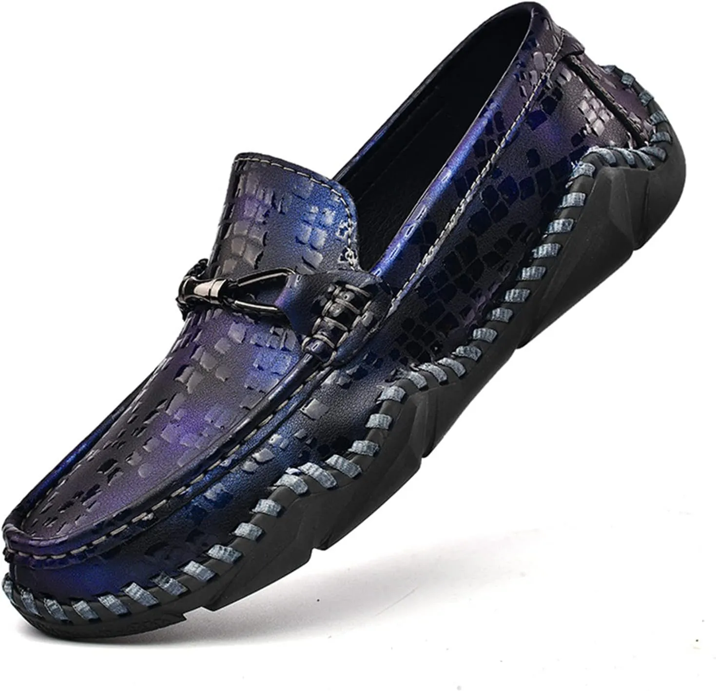 Men's Handmade Leather Gradient Color Slip-On Loafers,Classic Fashion Buckle Comfortable Soft Non-Slip Casual Dress Driving Flats Plus Size Shoes