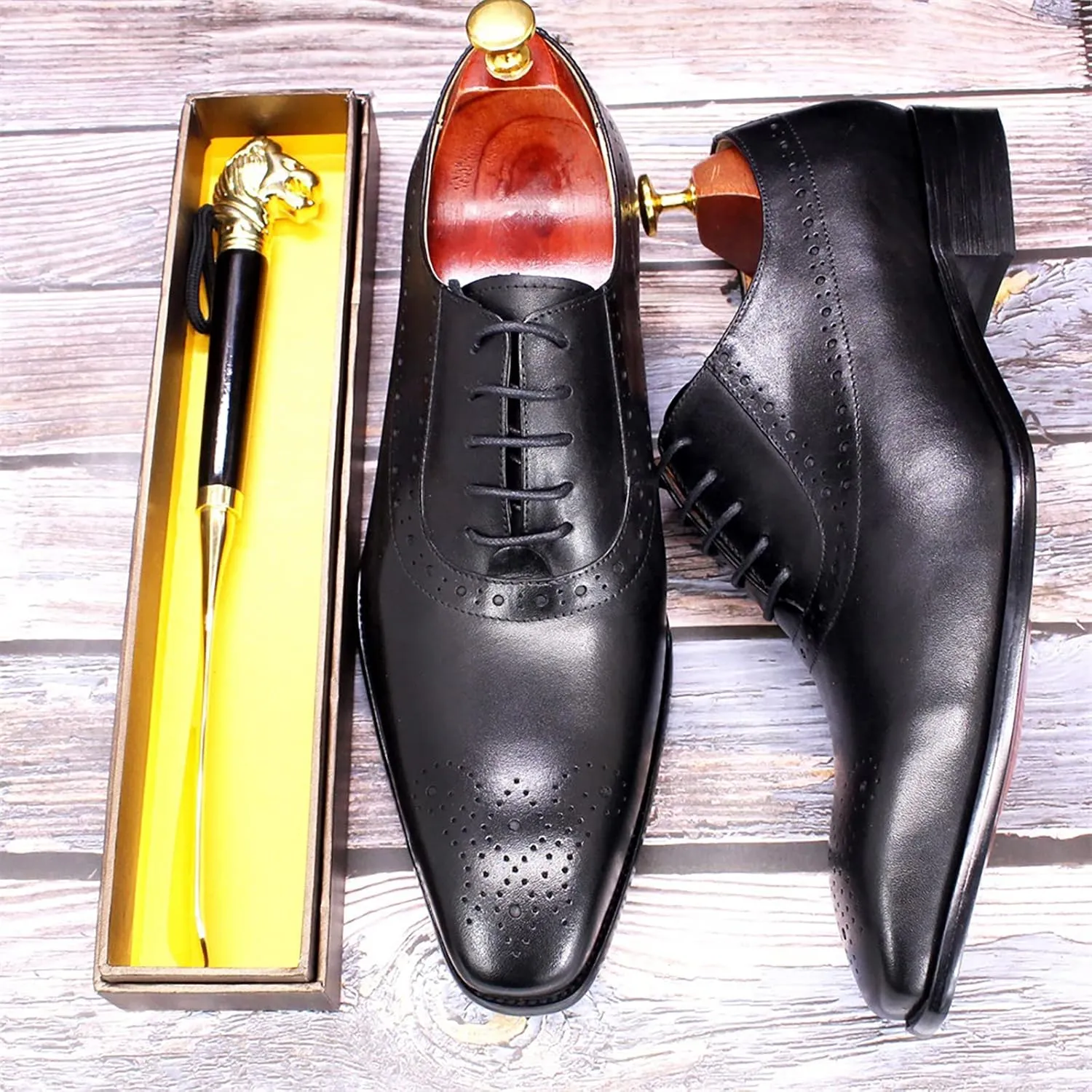 Men's Lace-up Brogues Casual Oxfords Formal Derbys Breathable Leather Dress Shoes,Black-40