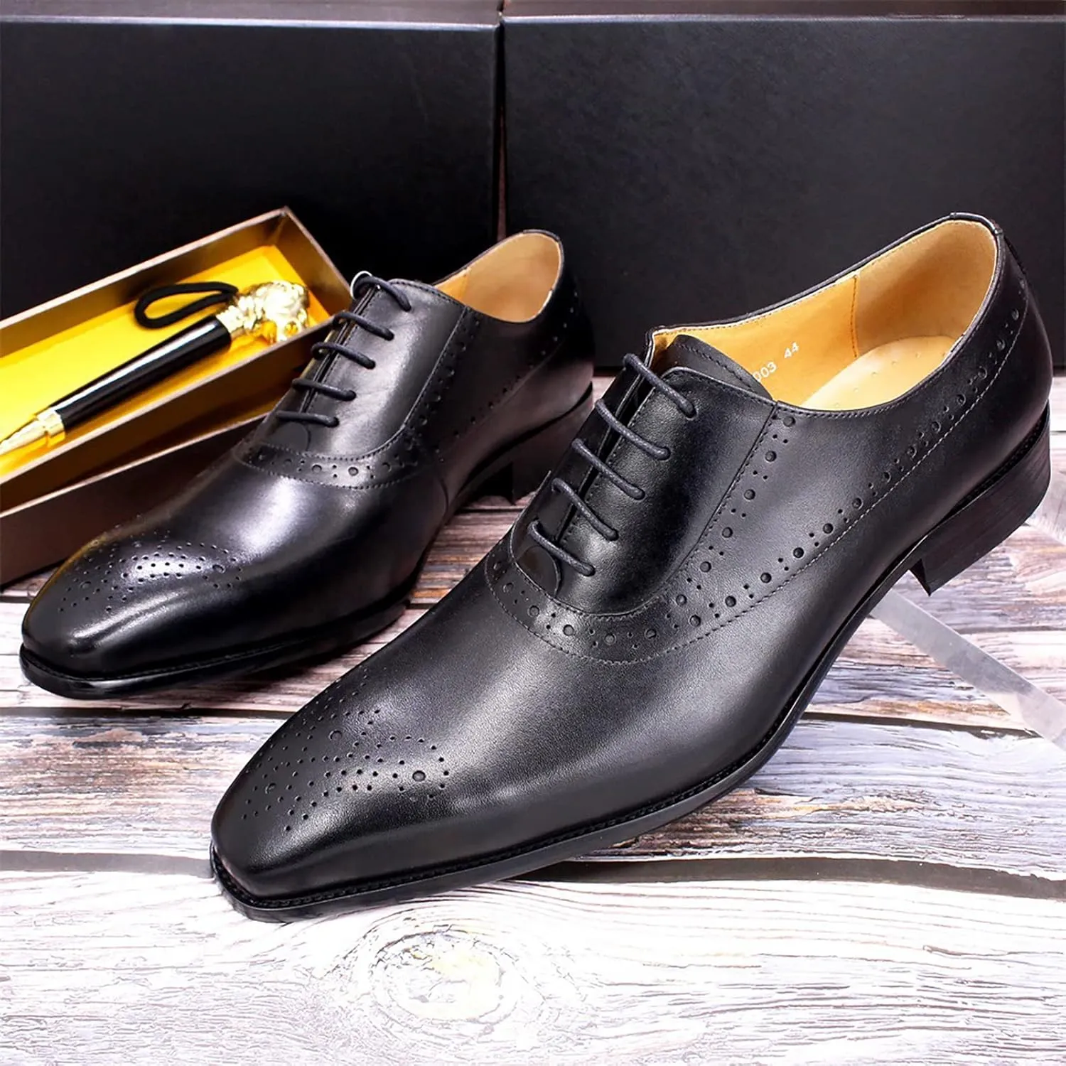 Men's Lace-up Brogues Casual Oxfords Formal Derbys Breathable Leather Dress Shoes,Black-40