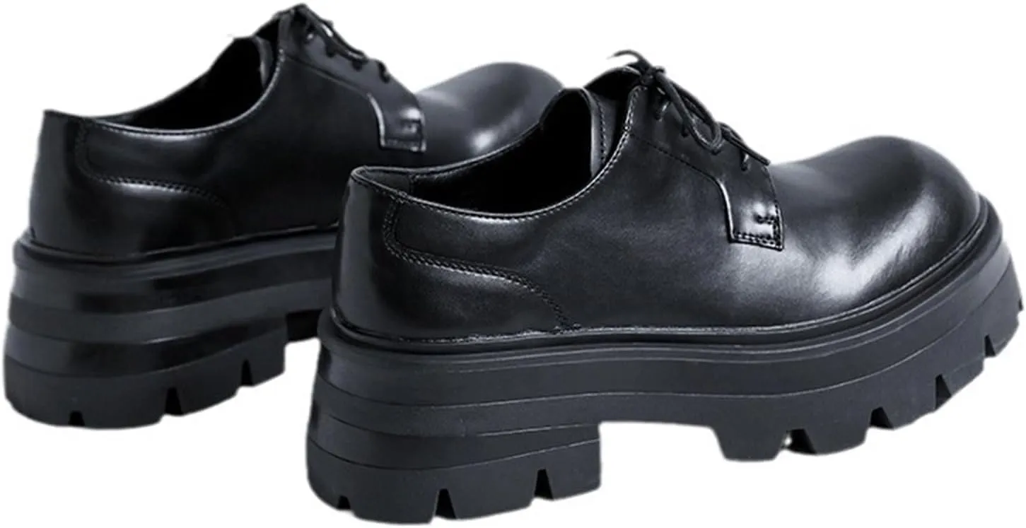 Men's Leather Chunky Heel Platform Oxfords Comfortable Round Toe Lace Up Business Dress Shoes Lug Soft Bottom Loafers Classic Casual Office Work Leather Shoes