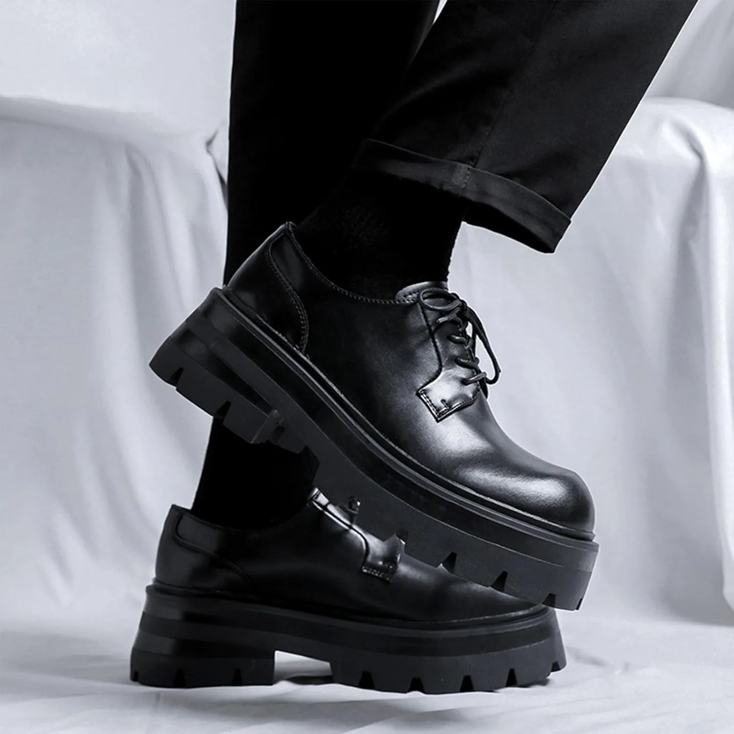 Men's Leather Chunky Heel Platform Oxfords Comfortable Round Toe Lace Up Business Dress Shoes Lug Soft Bottom Loafers Classic Casual Office Work Leather Shoes