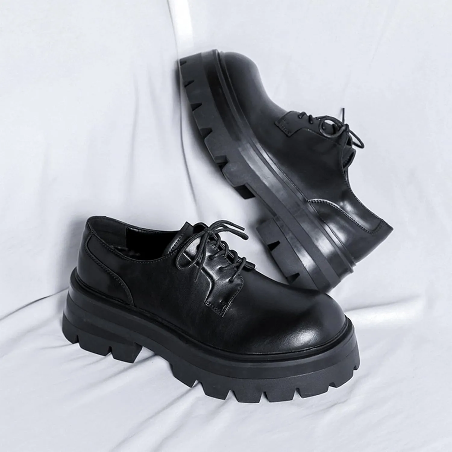 Men's Leather Chunky Heel Platform Oxfords Comfortable Round Toe Lace Up Business Dress Shoes Lug Soft Bottom Loafers Classic Casual Office Work Leather Shoes