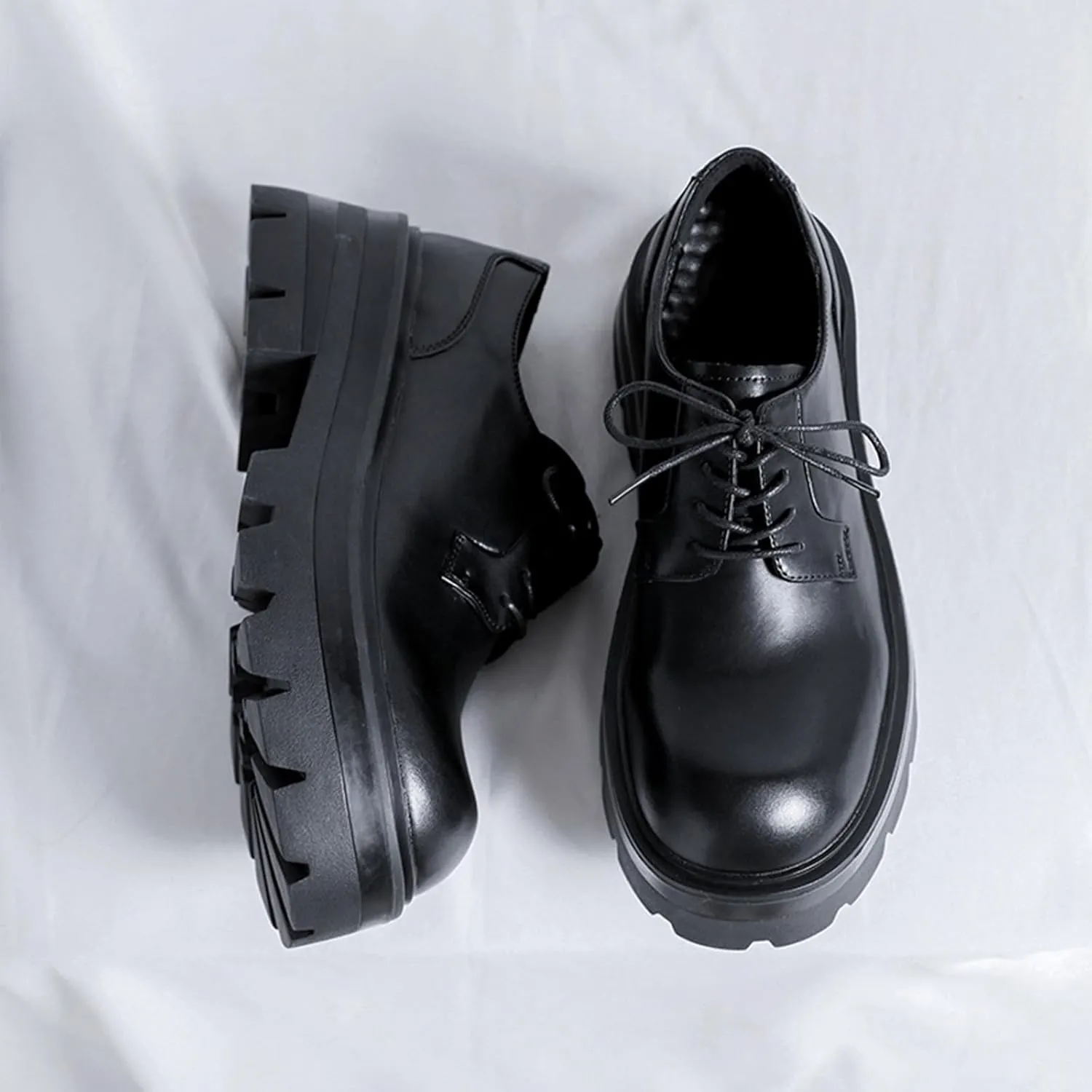 Men's Leather Chunky Heel Platform Oxfords Comfortable Round Toe Lace Up Business Dress Shoes Lug Soft Bottom Loafers Classic Casual Office Work Leather Shoes