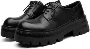 Men's Leather Chunky Heel Platform Oxfords Comfortable Round Toe Lace Up Business Dress Shoes Lug Soft Bottom Loafers Classic Casual Office Work Leather Shoes