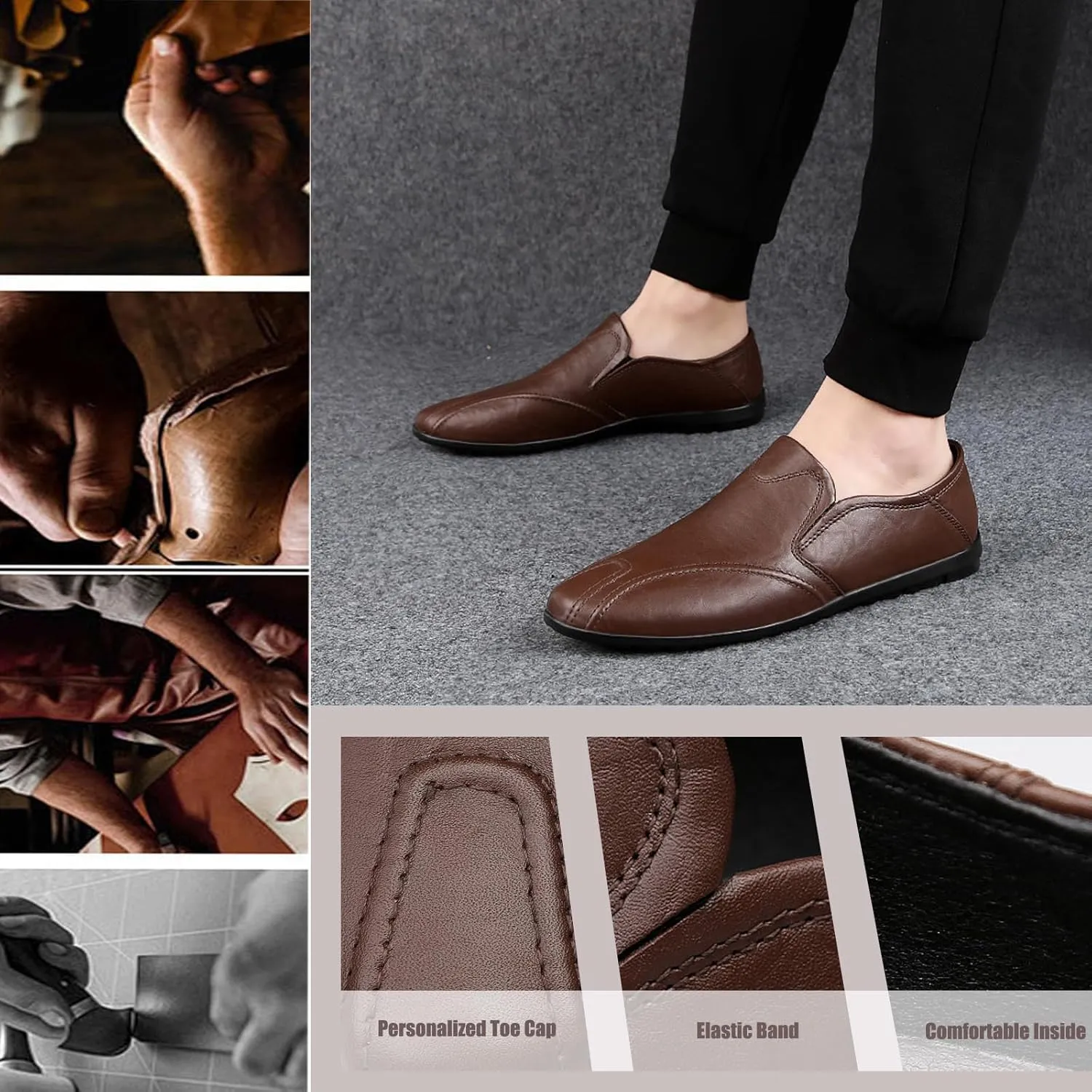 Men's Leather Flat Loafers,Slip On Comfortable Soft Sole Non-Slip Driving Casual Leather Shoes
