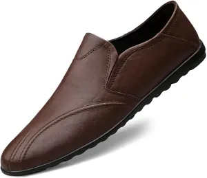 Men's Leather Flat Loafers,Slip On Comfortable Soft Sole Non-Slip Driving Casual Leather Shoes
