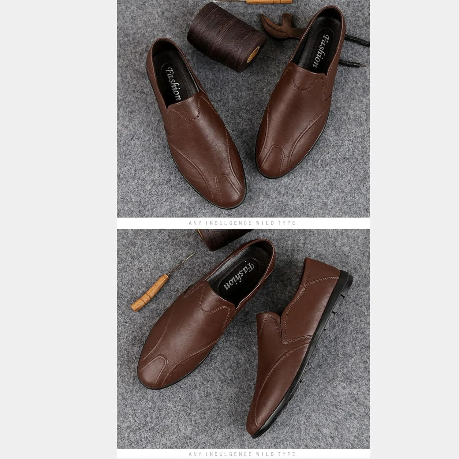 Men's Leather Flat Loafers,Slip On Comfortable Soft Sole Non-Slip Driving Casual Leather Shoes