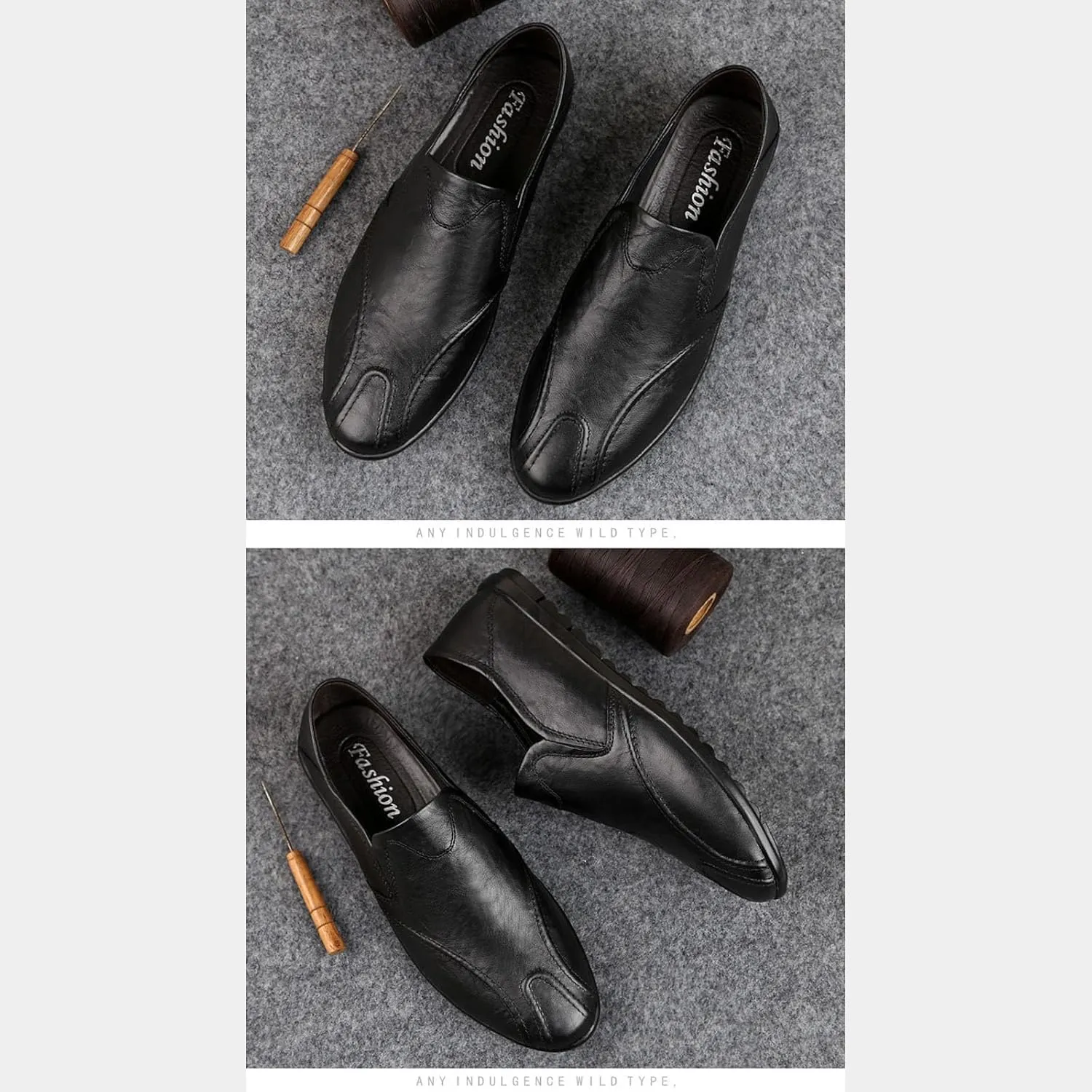 Men's Leather Flat Loafers,Slip On Comfortable Soft Sole Non-Slip Driving Casual Leather Shoes