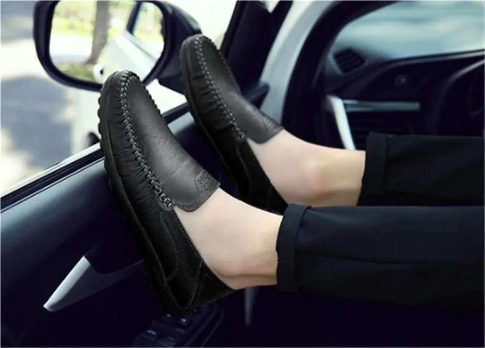 Mens Leather Loafers Slip On Driving Shoes Comfortable Moccasins Flat Heel Stitching Details Outdoor Fashion Casual