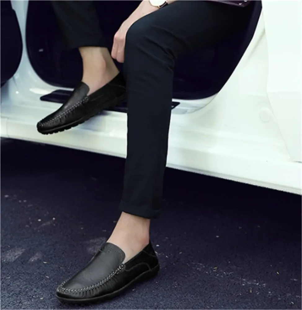 Mens Leather Loafers Slip On Driving Shoes Comfortable Moccasins Flat Heel Stitching Details Outdoor Fashion Casual