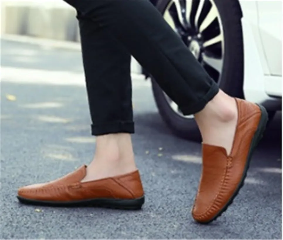 Mens Leather Loafers Slip On Driving Shoes Comfortable Moccasins Flat Heel Stitching Details Outdoor Fashion Casual