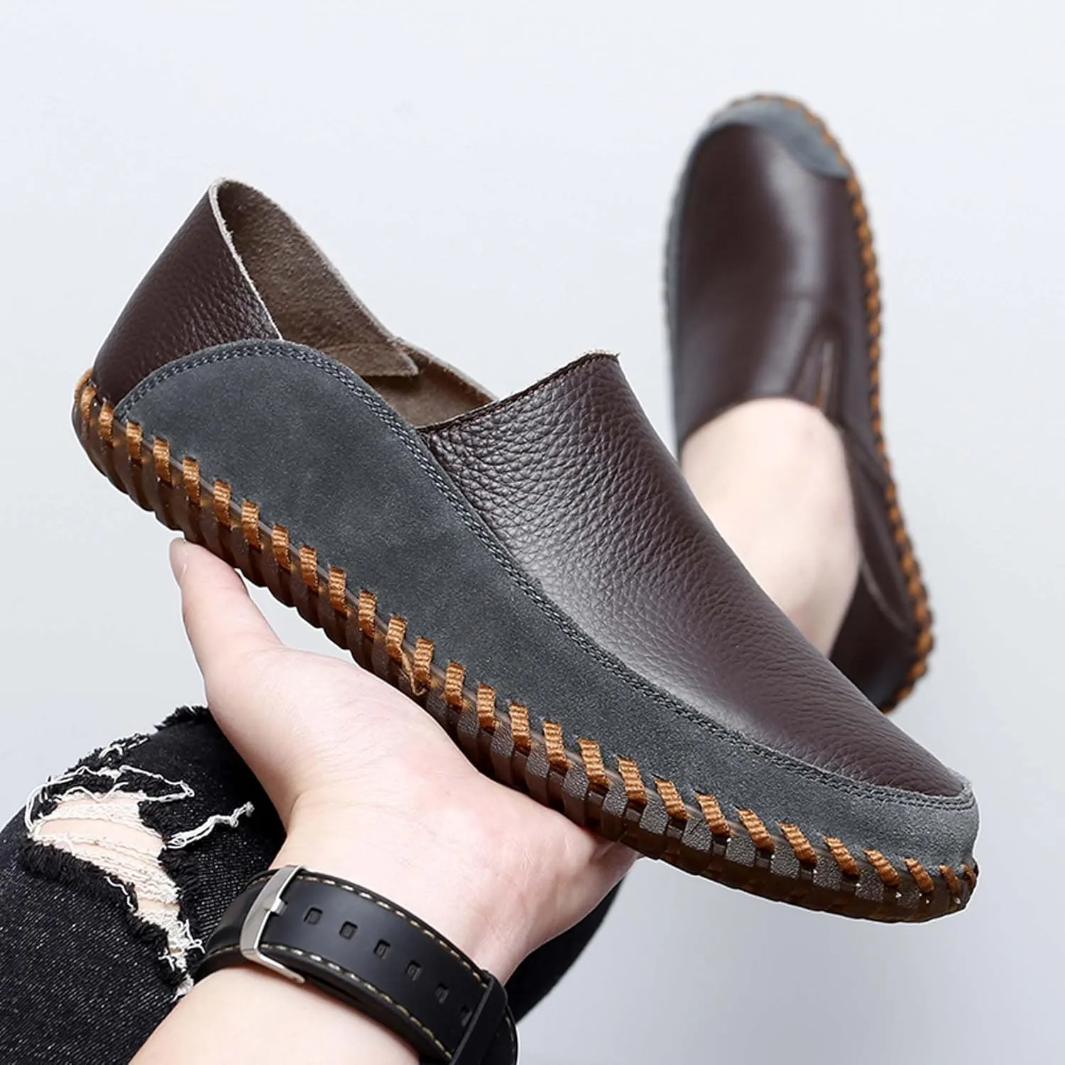 Mens Leather Loafers,Flat Breathable Casual Shoes,Walking Shoes,Non-Slip Driving Shoes,Hand Sewn,Soft and Comfortable,Suitable for All Seasons.