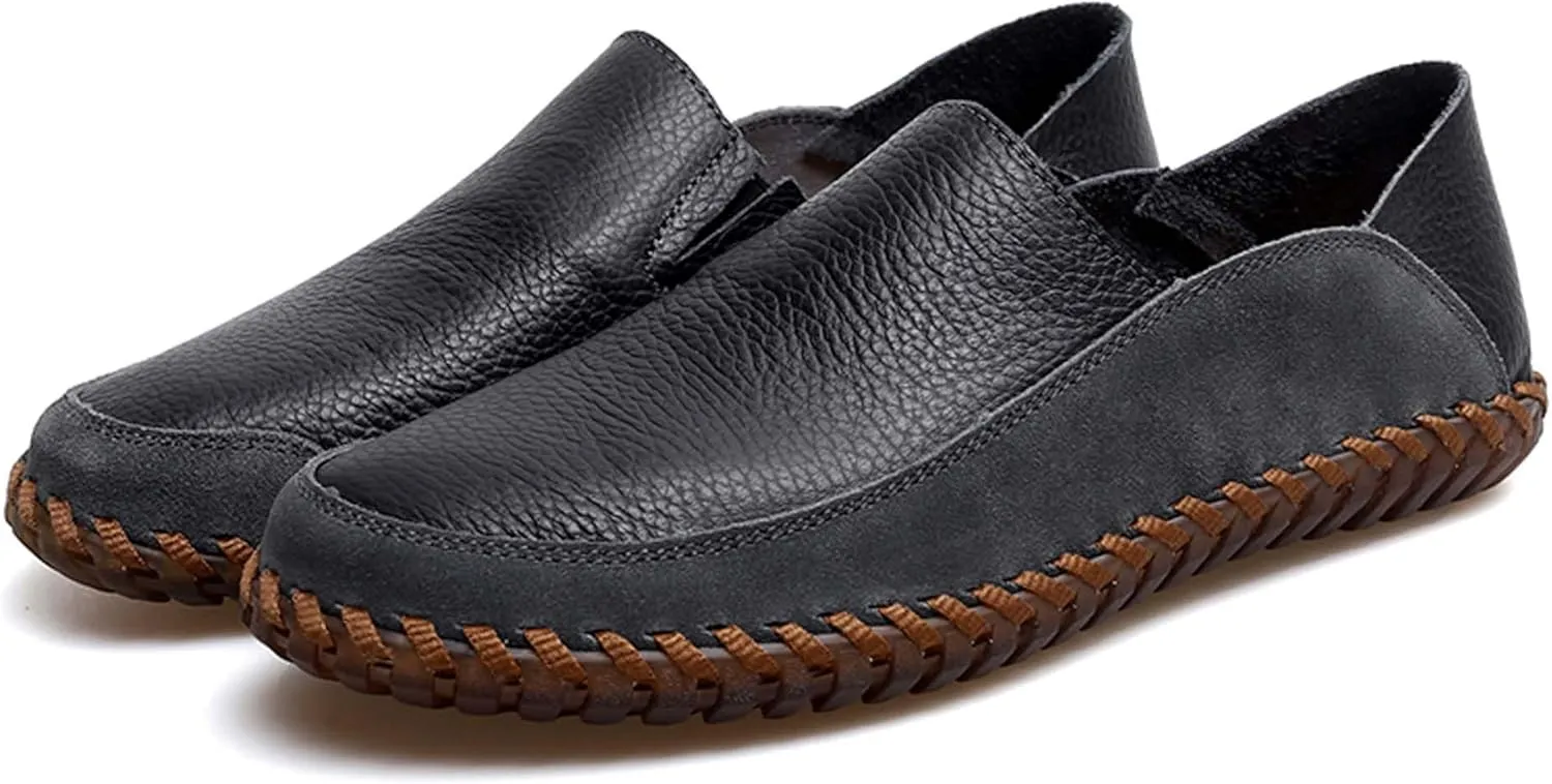 Mens Leather Loafers,Flat Breathable Casual Shoes,Walking Shoes,Non-Slip Driving Shoes,Hand Sewn,Soft and Comfortable,Suitable for All Seasons.