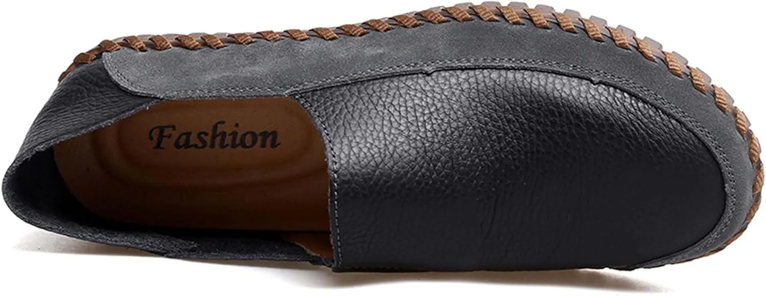 Mens Leather Loafers,Flat Breathable Casual Shoes,Walking Shoes,Non-Slip Driving Shoes,Hand Sewn,Soft and Comfortable,Suitable for All Seasons.