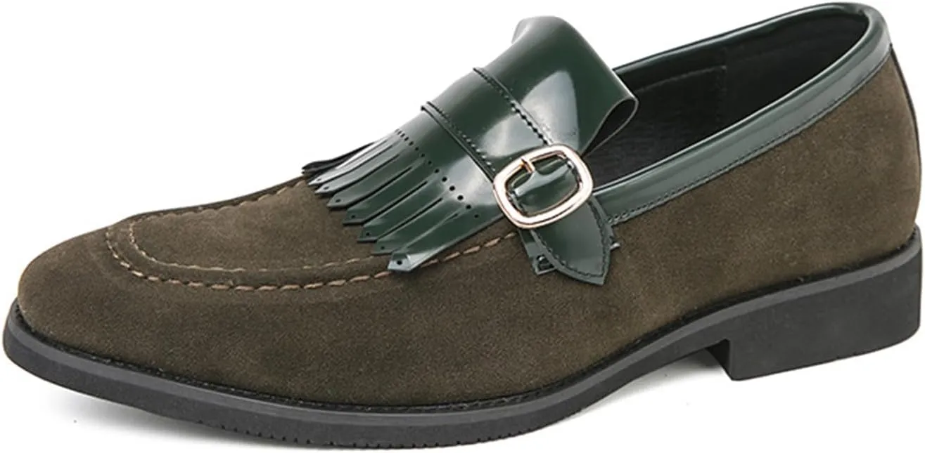 Men's Leather Tassel Monk Strap Dress Loafers Classic Slip-on Pointed Toe Low Chunky Heel Formal Business Wedding Tuxedo Penny Loafers Shoes
