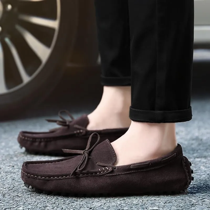 Men's Nubuck Leather Loafers -Round Toe Lightweight Flexible Anti-Slip Driving Shoes, Slip-Ons for Prom and Casual Wear
