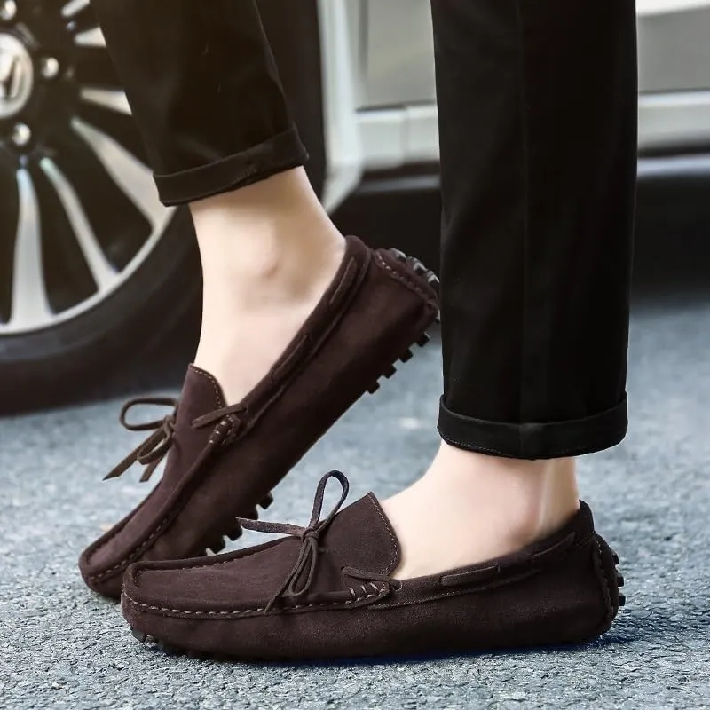 Men's Nubuck Leather Loafers -Round Toe Lightweight Flexible Anti-Slip Driving Shoes, Slip-Ons for Prom and Casual Wear