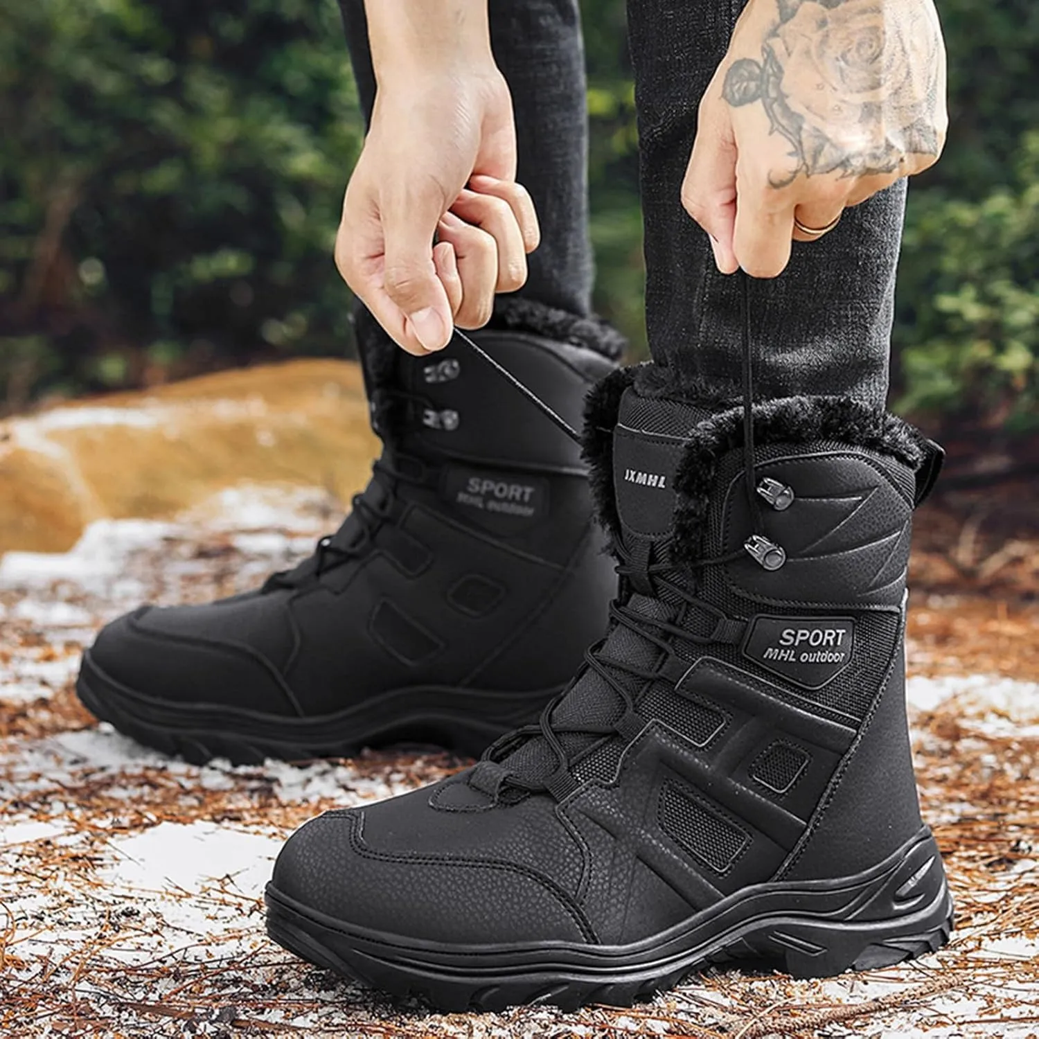 Mens Snow Boots Waterproof Insulated,Outdoor High Top Cold-Weather Warm Winter Hiking Boots Men,Lightweight Breathable Fur Lined Boots