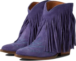 MOOMMO Women Tassel Western Booties Chunky Block Heel Suede Cowboy Ankle Boots Fringe Pointed Closed Toe V-Cut Stacked Heel Slip On Short Boots Cute Cowgirl Embroidered Retro Purple 10 M US