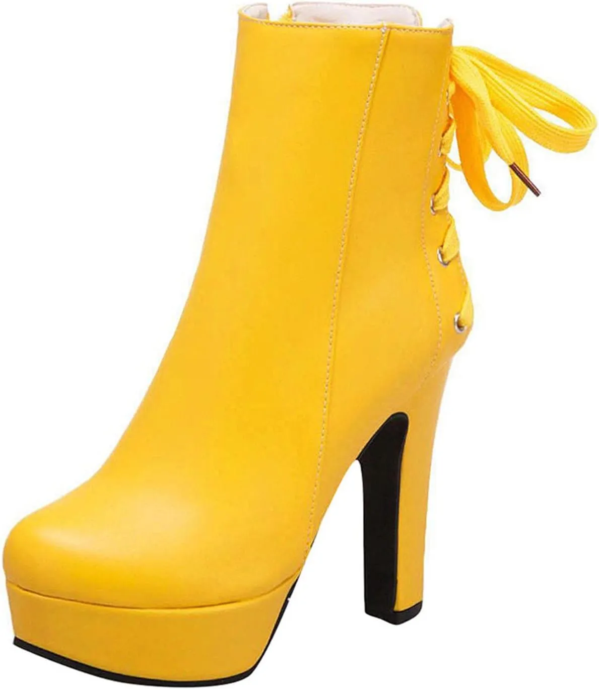 oiangi Chunky High Heel Boots for Women Fashion Casual Round Toe Closed Toe Lace Up Zipper Platform Ankle Boots Solid Color Leather Ladies Heeled Shoes