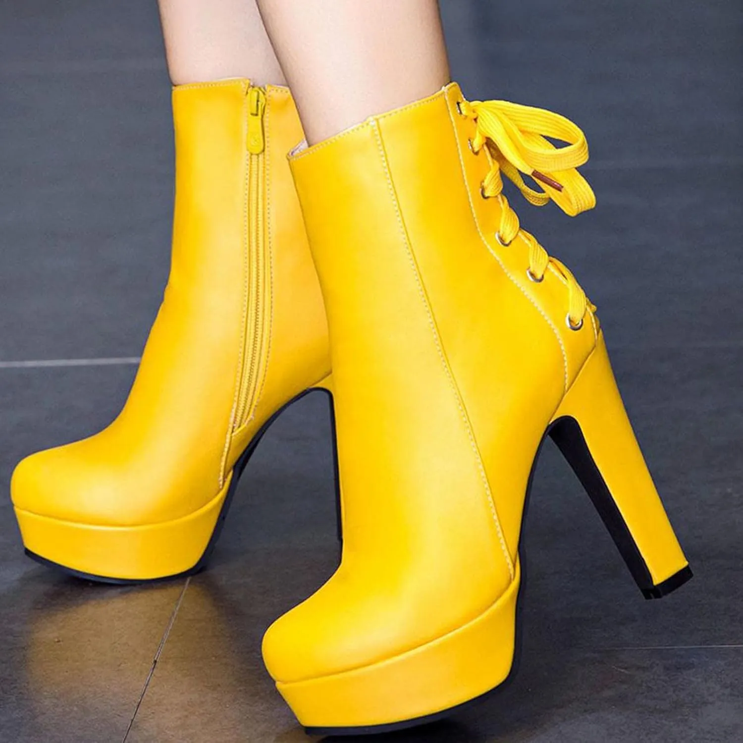 oiangi Chunky High Heel Boots for Women Fashion Casual Round Toe Closed Toe Lace Up Zipper Platform Ankle Boots Solid Color Leather Ladies Heeled Shoes