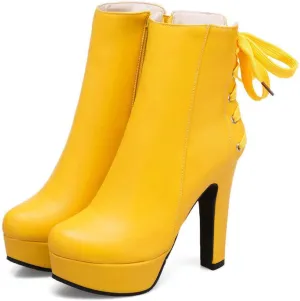 oiangi Chunky High Heel Boots for Women Fashion Casual Round Toe Closed Toe Lace Up Zipper Platform Ankle Boots Solid Color Leather Ladies Heeled Shoes