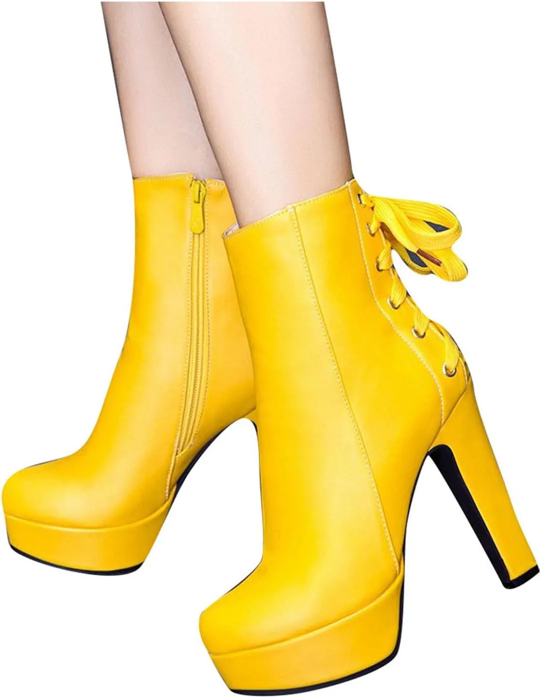 oiangi Chunky High Heel Boots for Women Fashion Casual Round Toe Closed Toe Lace Up Zipper Platform Ankle Boots Solid Color Leather Ladies Heeled Shoes