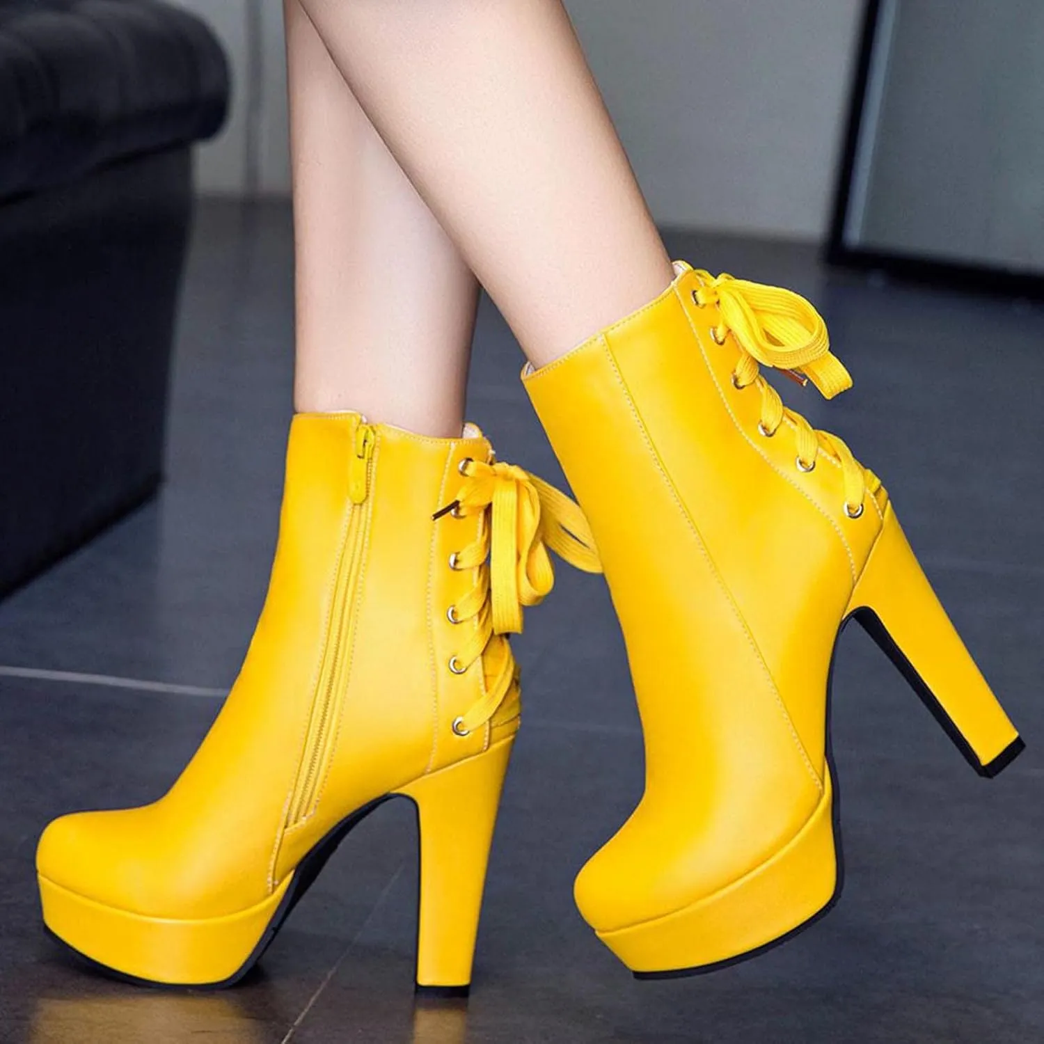 oiangi Chunky High Heel Boots for Women Fashion Casual Round Toe Closed Toe Lace Up Zipper Platform Ankle Boots Solid Color Leather Ladies Heeled Shoes
