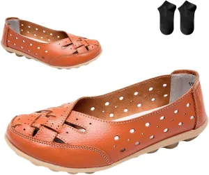 Orthopedic Loafers in Breathable Leather,Womens Casual Soft Sole Hollow Slip On Flat Shoes,Fashion Closed Toe Boat Shoes