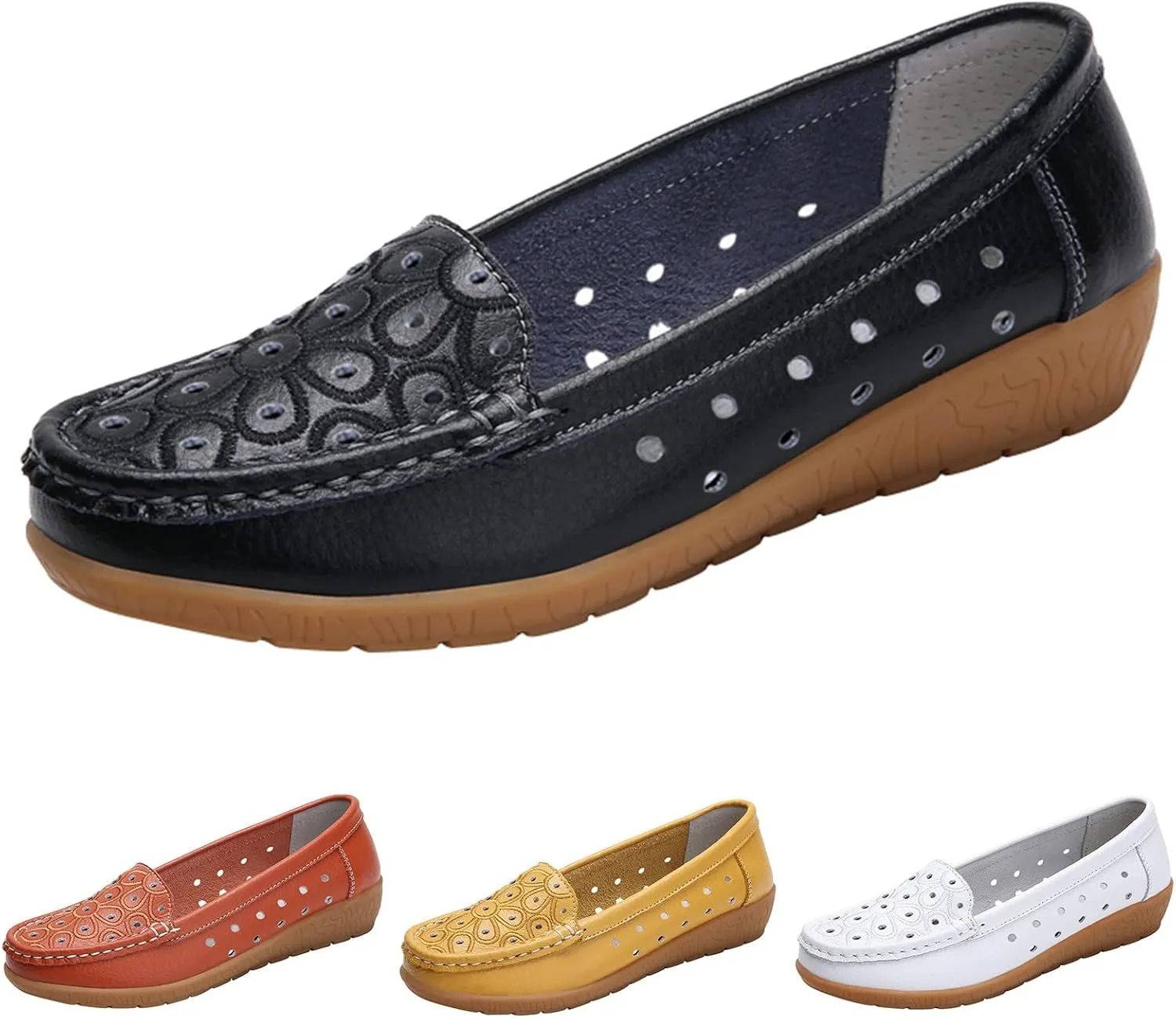 Orthopedic Slip-On Loafers for Women Hollow Out Leather Shoes Lightweight Breathable Walking Driving Shoes
