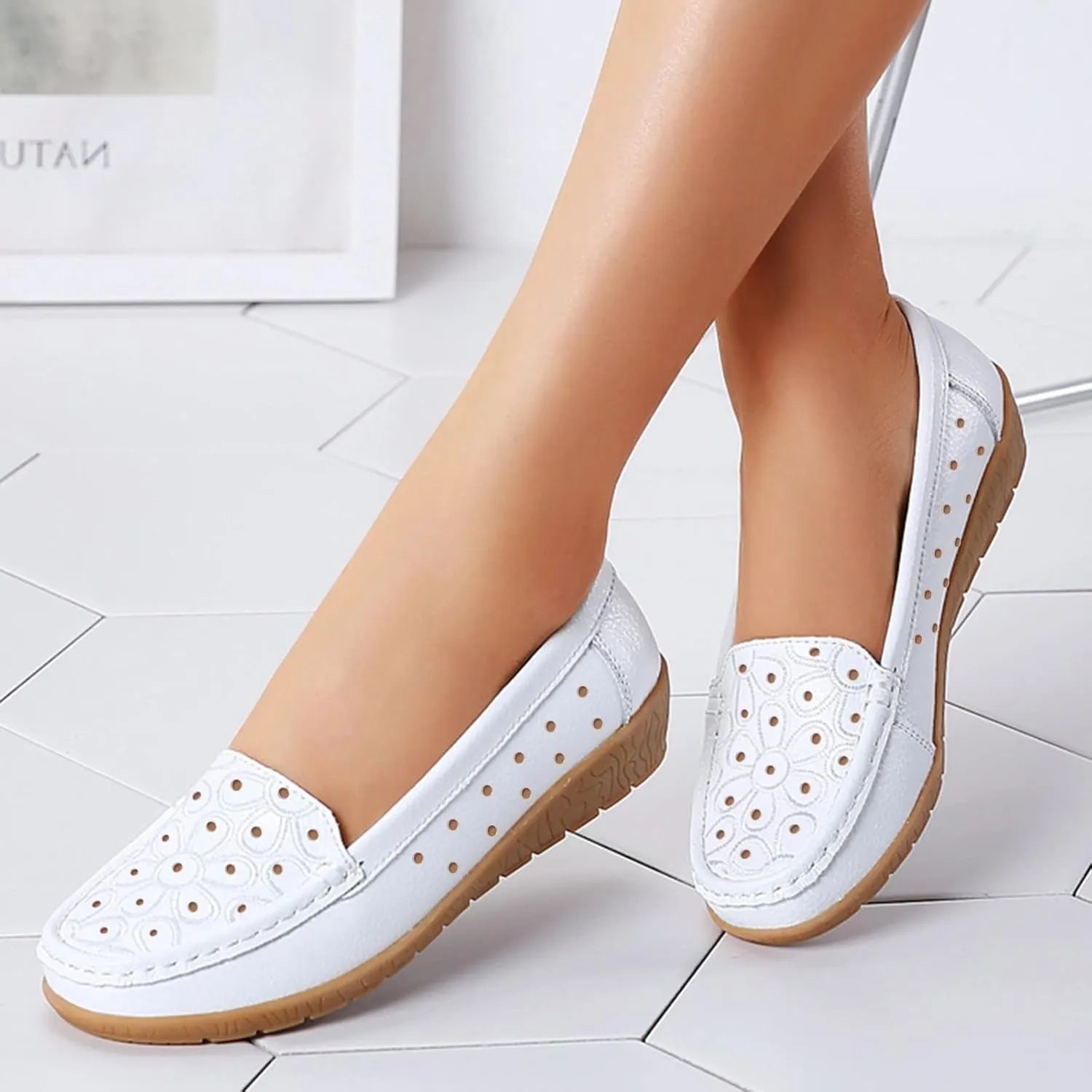 Orthopedic Slip-On Loafers for Women Hollow Out Leather Shoes Lightweight Breathable Walking Driving Shoes
