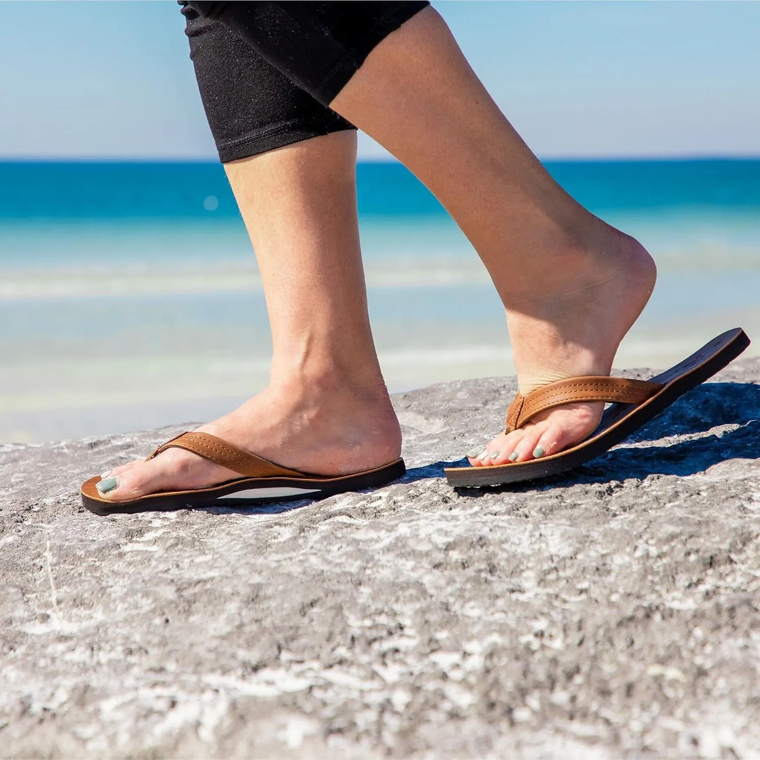 Qwave Womens Flip Flops - Vegan Leather Brown Women's Sandals Flat