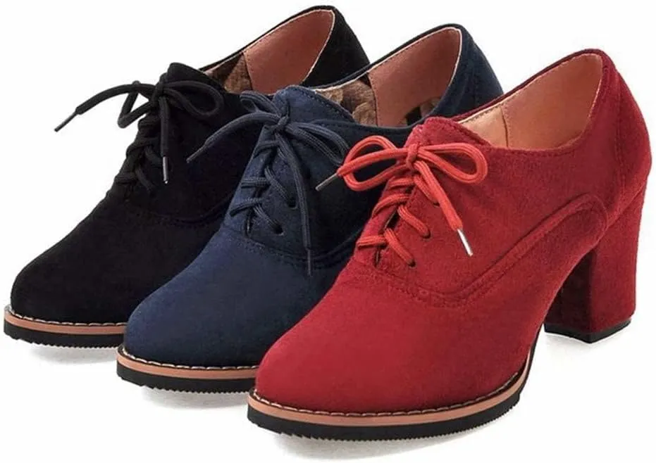 SACFOF Womens Block Heel Pumps Platform Chunky Boots Suede Comfort Oxfords Lace up Dress Shoes Mid Heels Ankle Boots