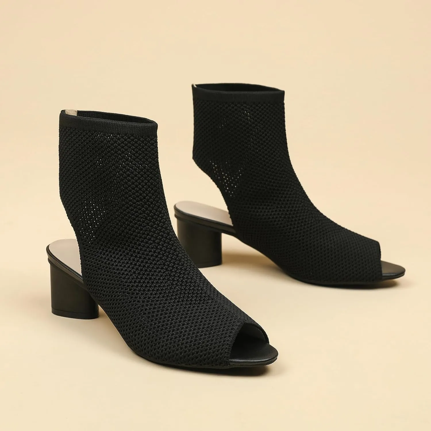 SACFOF Women's Knit Peep Toe Chunky Heel Ankle Boots Open Pointed Toe Slingback Heeled Sandals Summer Casual Slip On Dress Sock Booties