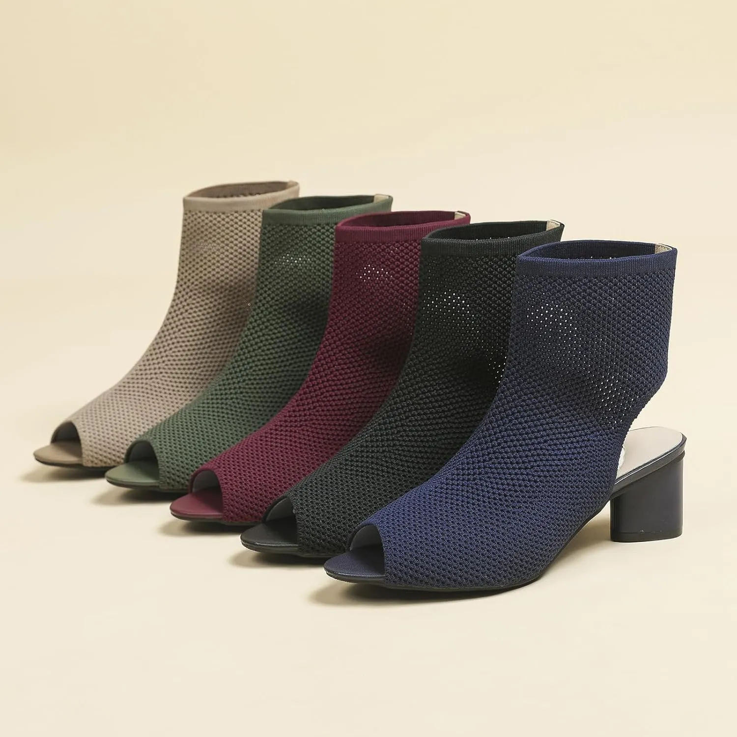 SACFOF Women's Knit Peep Toe Chunky Heel Ankle Boots Open Pointed Toe Slingback Heeled Sandals Summer Casual Slip On Dress Sock Booties