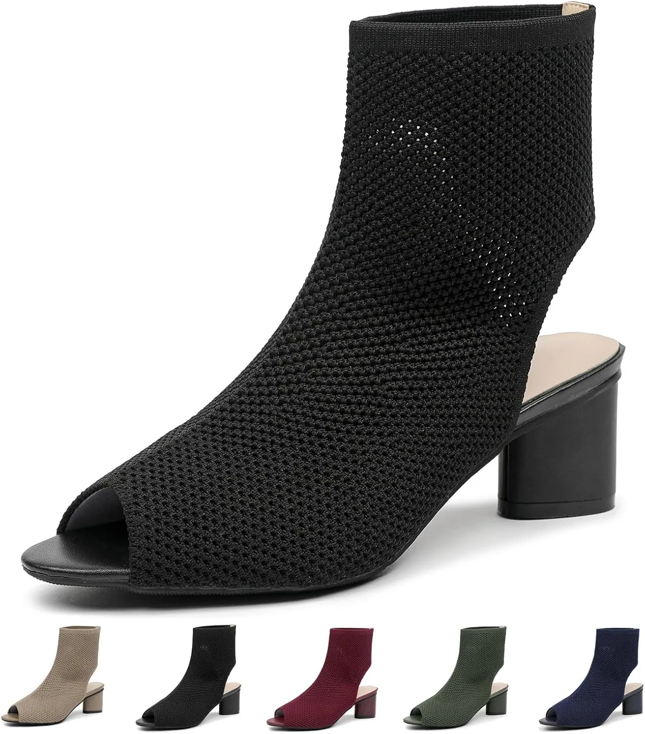 SACFOF Women's Knit Peep Toe Chunky Heel Ankle Boots Open Pointed Toe Slingback Heeled Sandals Summer Casual Slip On Dress Sock Booties