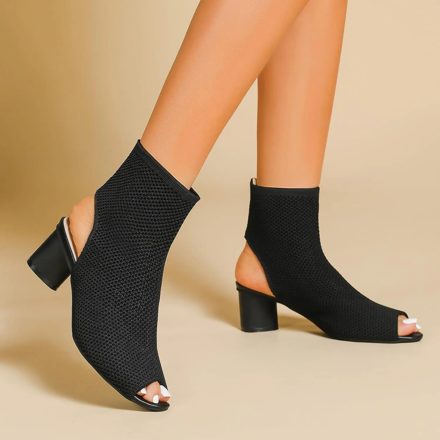 SACFOF Women's Knit Peep Toe Chunky Heel Ankle Boots Open Pointed Toe Slingback Heeled Sandals Summer Casual Slip On Dress Sock Booties