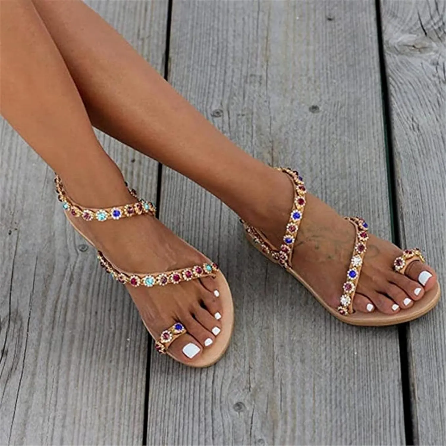Sandals for Women Casual Summer, Floral Lace Up Flat Sandals T-Strap Summer Beach Glitter Flip-Flops Thong Sandals Shoes