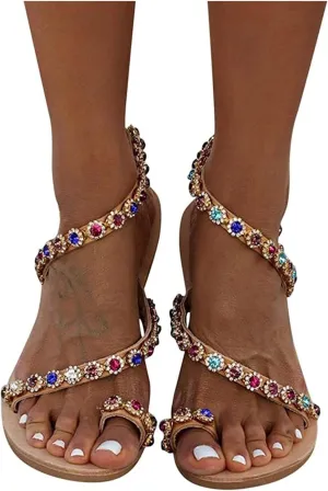 Sandals for Women Casual Summer, Floral Lace Up Flat Sandals T-Strap Summer Beach Glitter Flip-Flops Thong Sandals Shoes