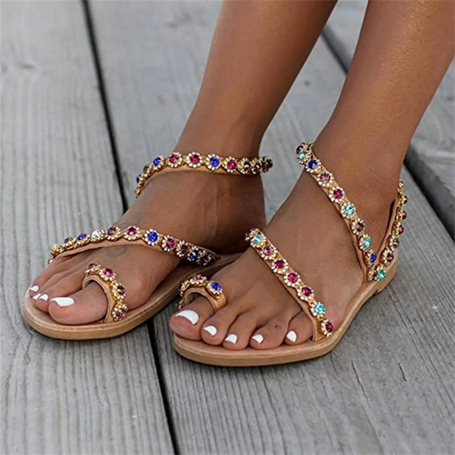 Sandals for Women Casual Summer, Floral Lace Up Flat Sandals T-Strap Summer Beach Glitter Flip-Flops Thong Sandals Shoes